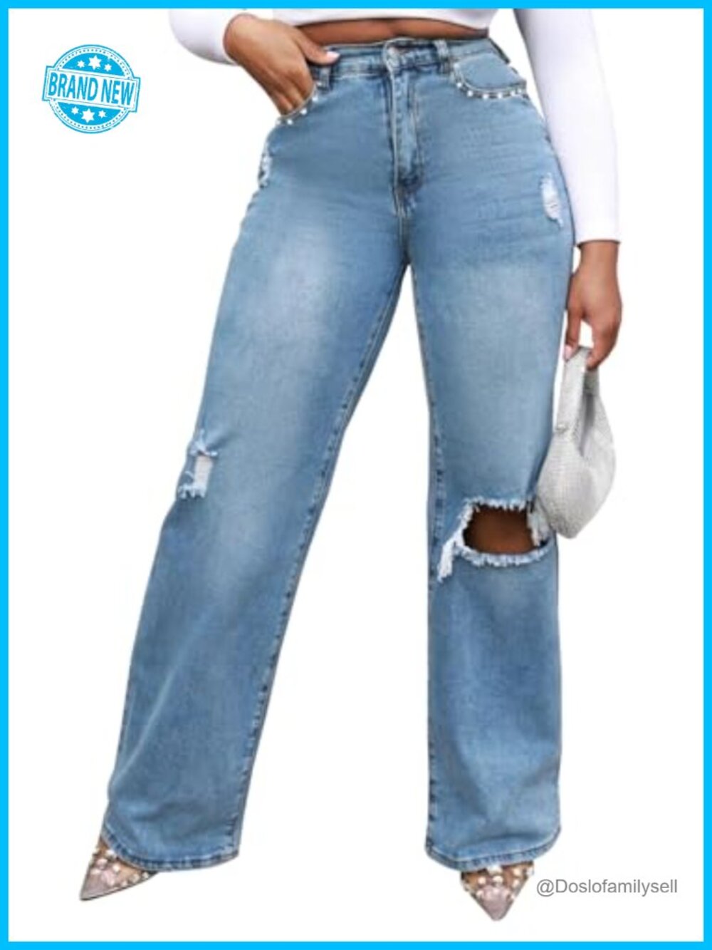 Women's High Waisted Wide Leg Straight Jeans Distressed Stretch Denim